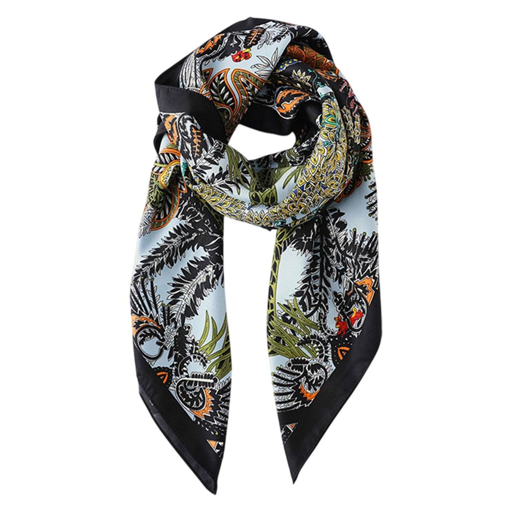 Seidenschal Damen, Quadratische Schals, Elegante Schultertuch, Vintage Grafikdruck Halstücher, 90x90cm, Dunkelblau