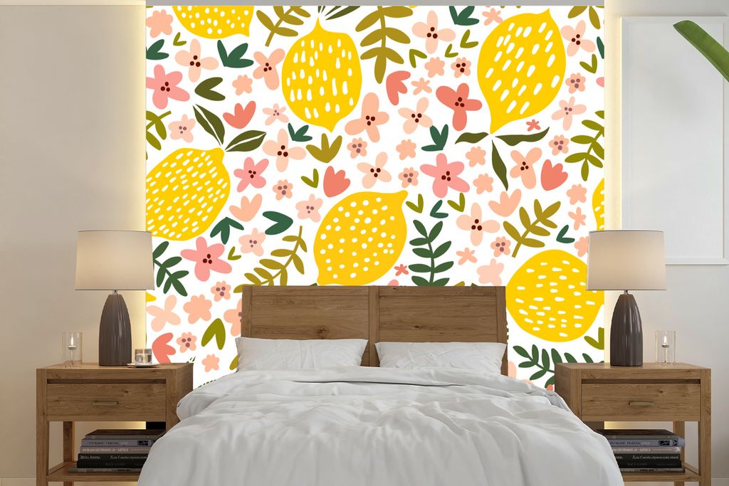 MuchoWow Fototapete für Wohnzimmer oder Schlafzimmer Wandtapete Vinyl Motivtapete Blumen - Zitrone - Blätter - Sommer - 240x240 cm - Schlafzimm...