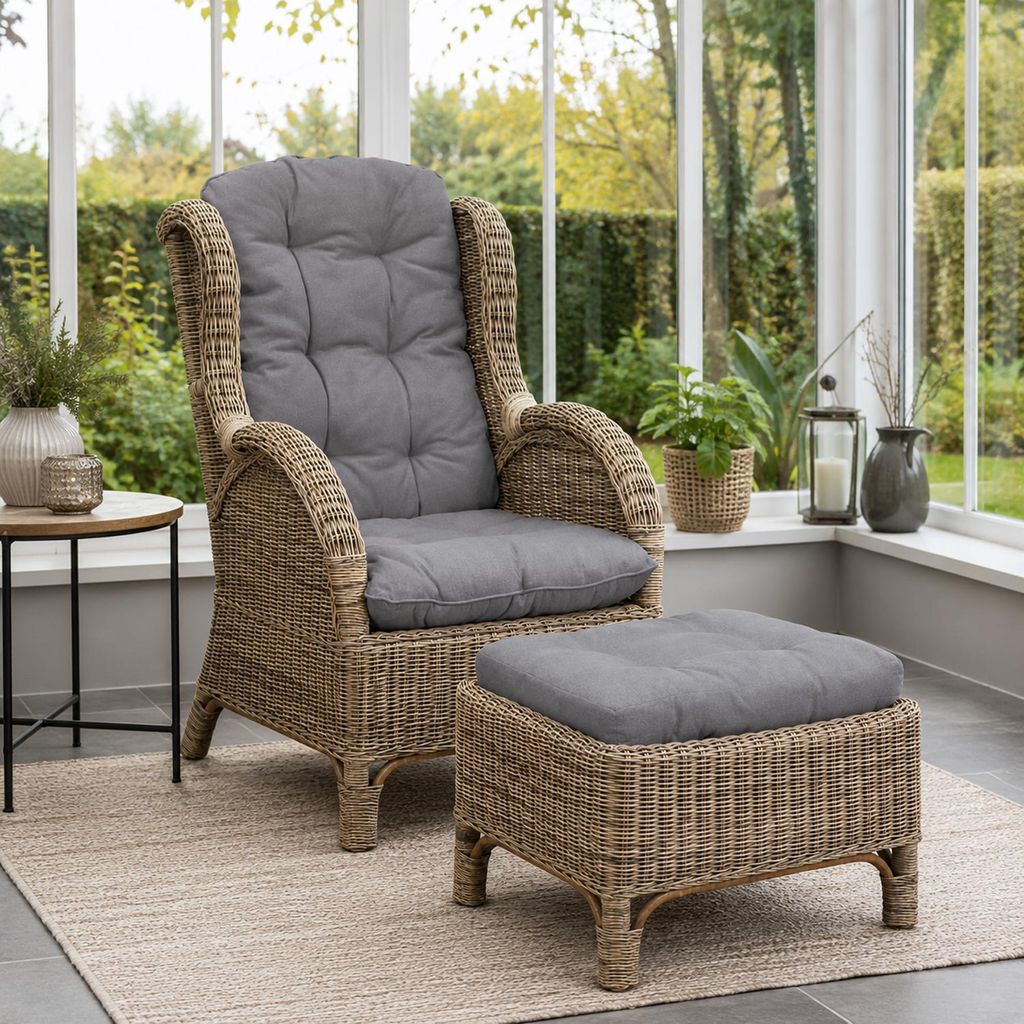 Rattan Relaxsessel mit Fußhocker inklusive Sitzpolster Dunkel Grau