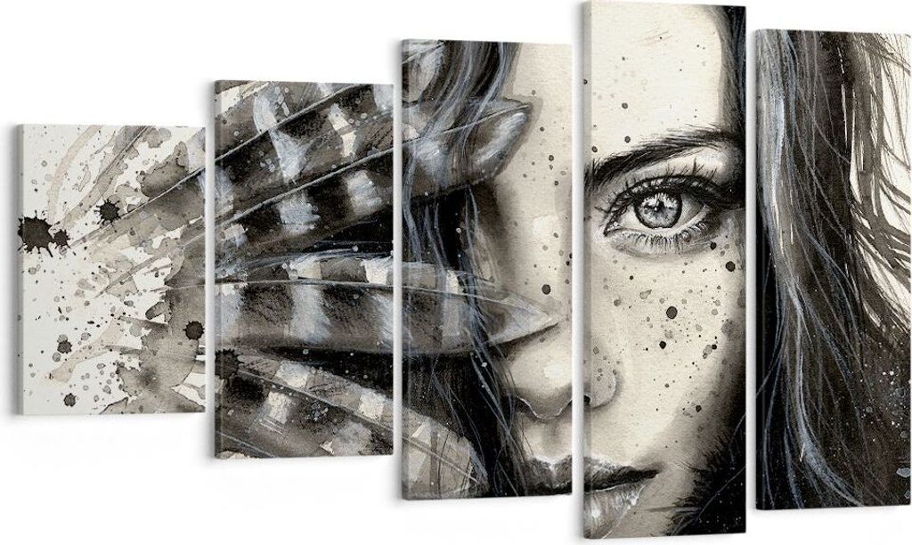 Bild auf Leinwand - Leinwandbild - Frau Federn Lippen Kunst. - 100x60cm - Wand Bild - Wanddeko - Leinwanddruck - Bilder - Kunstdruck - Wanddekorati...