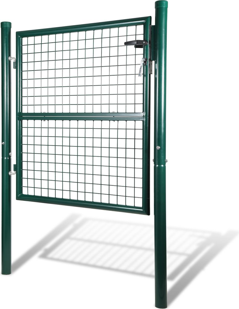 A green metal garden gate is shown standing upright on a white background.