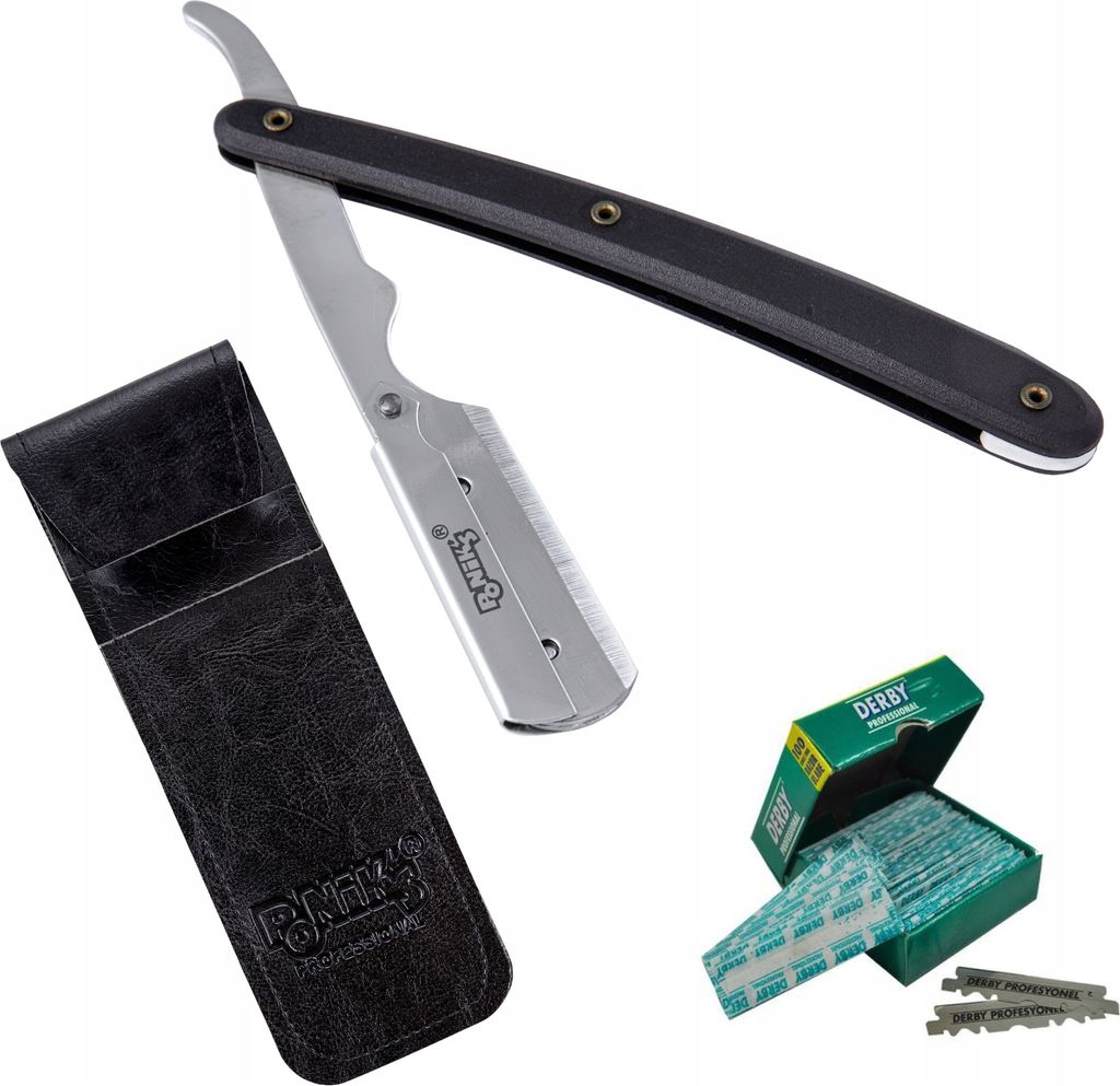 Ponik's Klassisches Rasier Set Herren, Transporttasche, Rasiermesser-Set mit 100 Derby Wechselklingen, hochwertiges Edelstahl, Barbier Messer für ...