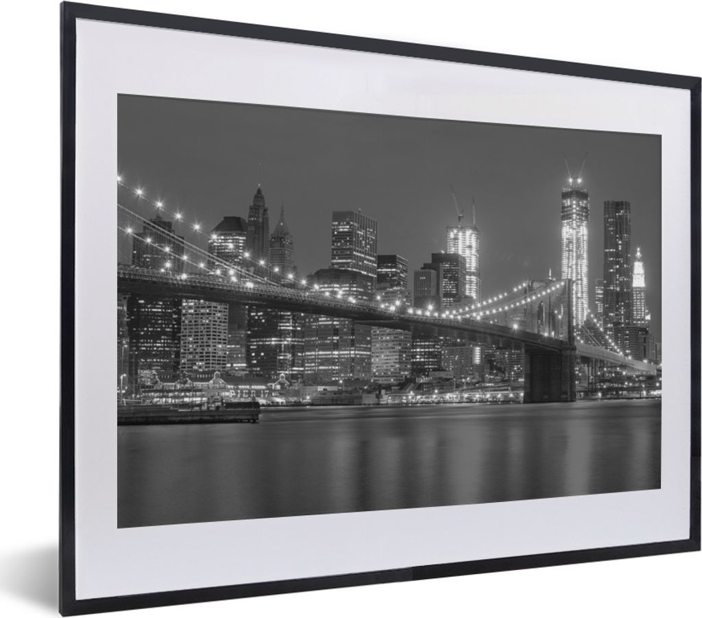 MuchoWow MuchoWow Gerahmtes Poster Brooklyn-Brücke - Schwarz - Weiß - Licht 40x30 cm - Poster mit zchwarzem Bilderrahmen - Bilderrahmen - Pos...