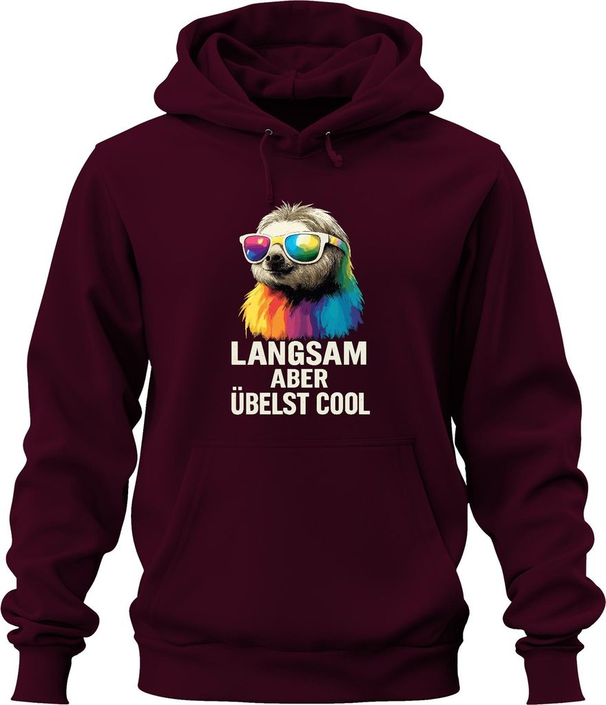 Langsam aber übelst cool Faultier Sonnenbrille Regenbogen Retro Uni Hoodie Kapuzenpullover, Burgundy, S