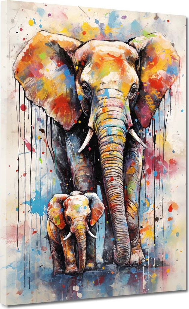 Elefant mit Baby Pop Art Leinwandbild Wandbild Kunstdruck XL Wanddeko: 105x140x4cm