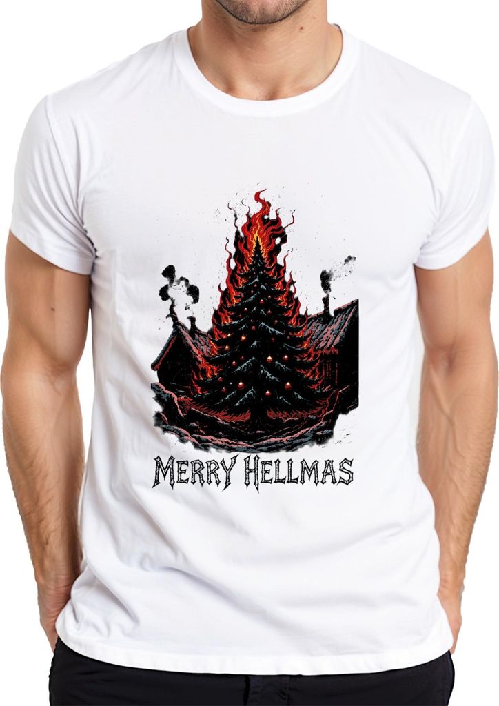 Merry Hellmas brennender Weihnachtsbaum Feuer düster Gothic Herren T-Shirt, Weiß, XL