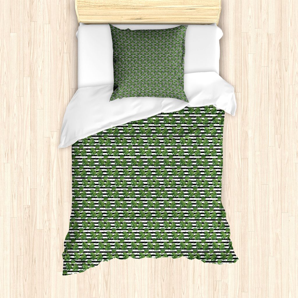 ABAKUHAUS Philodendron Bettbezug Set für Einzelbetten, Blätter auf Streifen, Milbensicher Allergiker geeignet mit Kissenbezug, 135 cm x 200 cm - ...