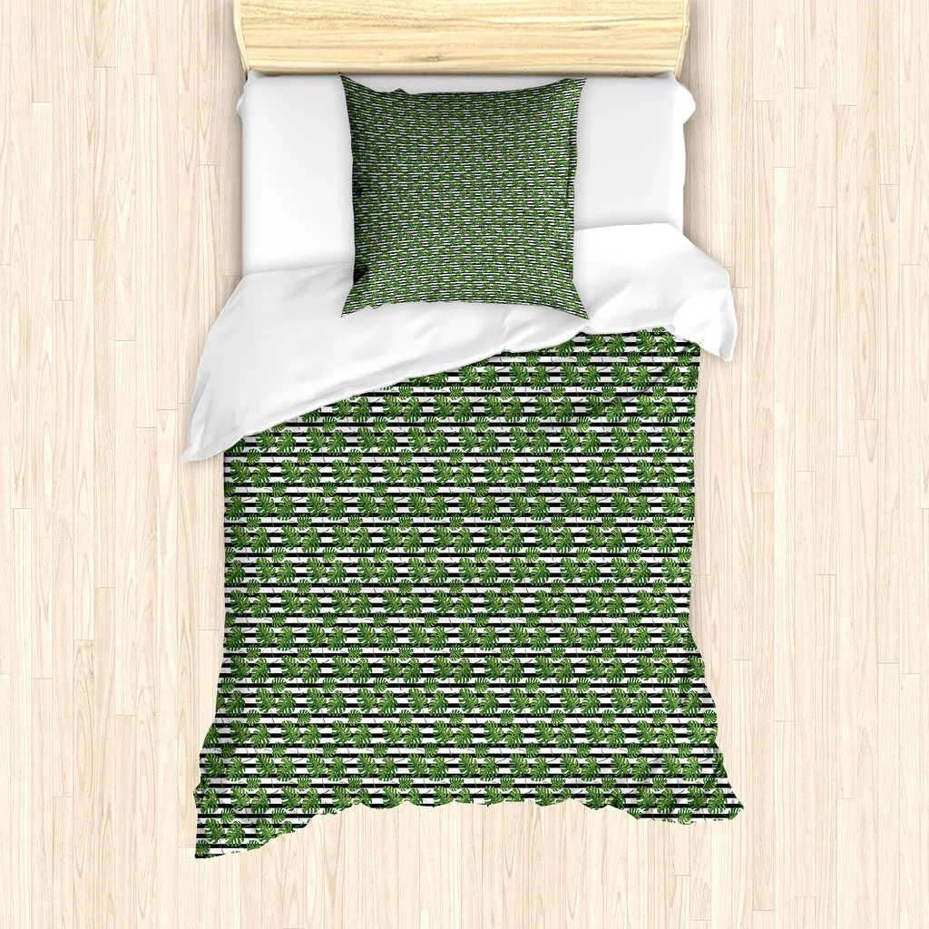 ABAKUHAUS Set copripiumino Philodendron per letti singoli, foglie su strisce, antiacaro, adatto a chi soffre di allergie, con federa, 135 cm x 200 cm - 80 x 80 cm, verde oliva grigio