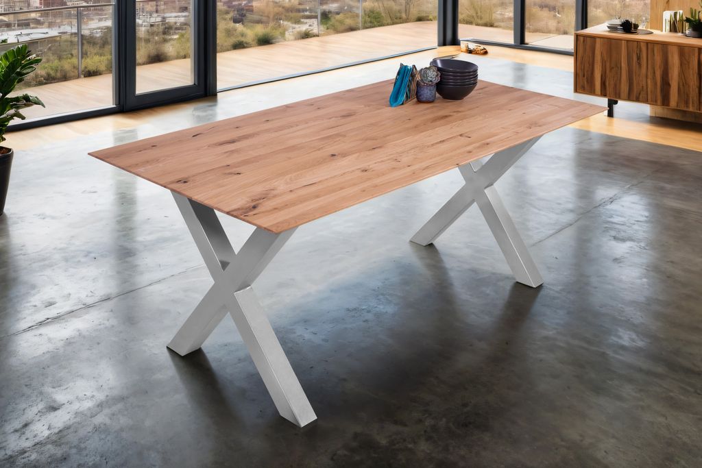 Esszimmertisch Schweizer Kante / gerade Ecken massiv & geölt Eiche 160x85 silber X-Gestell Lotte