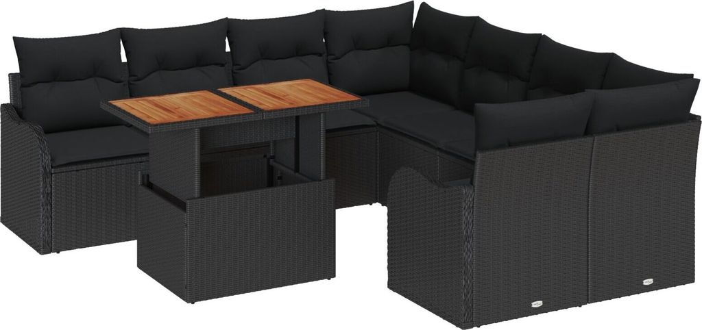 Möbel 9-teilige Garten-Sofaset mit Kissen Schwarz Poly Rattan, 2-Sitzer Garten-Sofa mit Stauraum & Kissen Schwarz Poly Rattan - Gartensofas 3358179