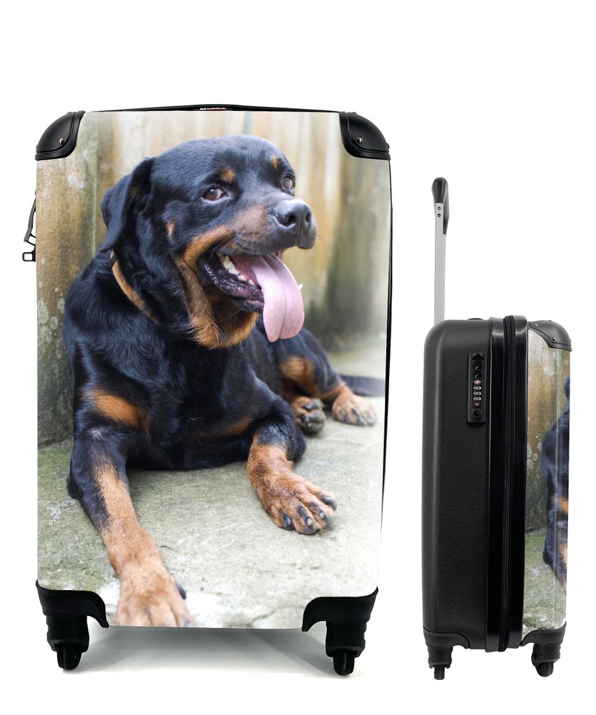 MuchoWow Koffer Handgepäck Trolley Rollkoffer Kleine Reisekoffer mit 4 Rollen - Ein Rottweiler liegt erschöpft neben einem Zaun - Cabin Size < ...
