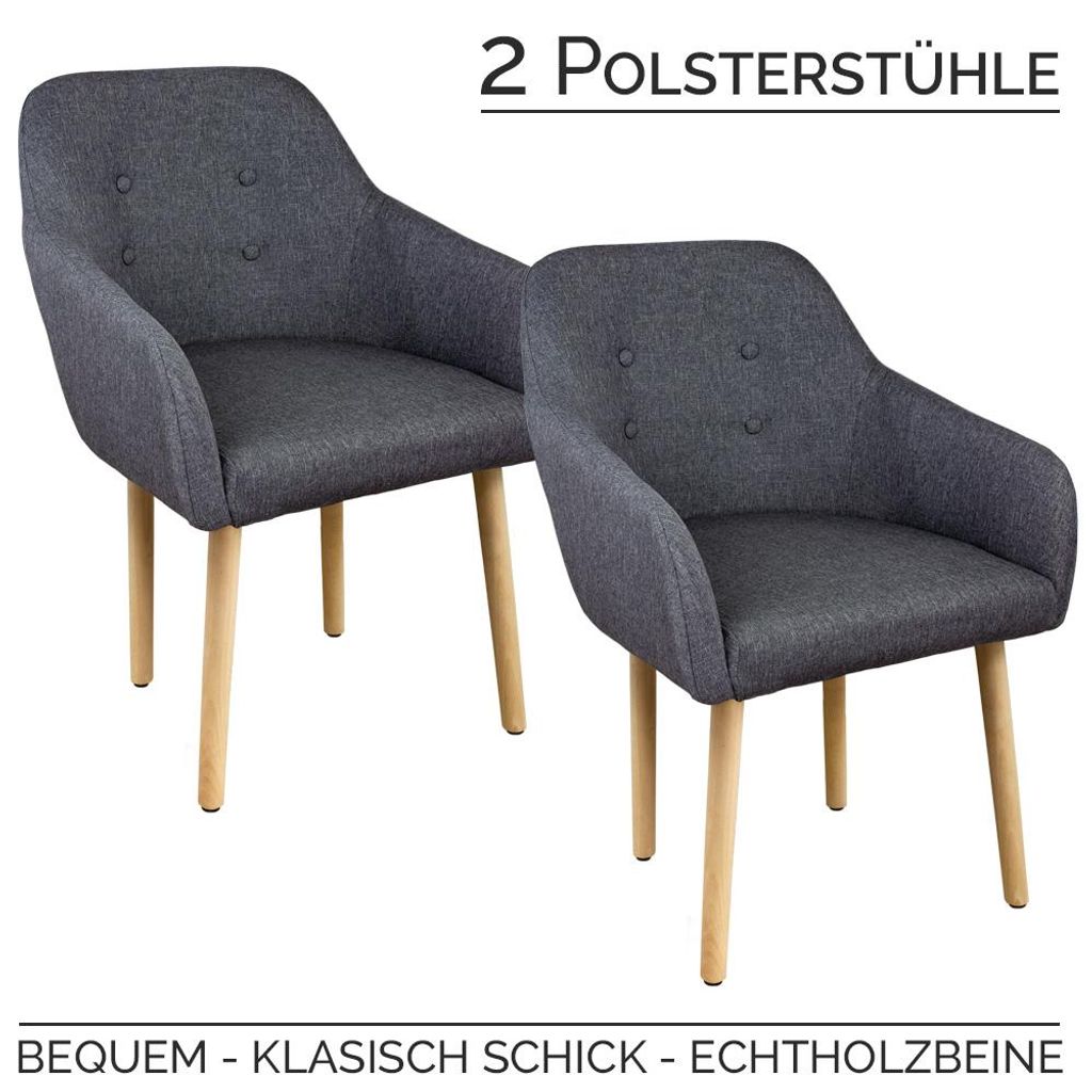 2 Stühle mit umlaufender Armlehne, Holzbeine und dunkelgrauem Stoff auf Rückenlehne, Sitzpolster und Armlehne