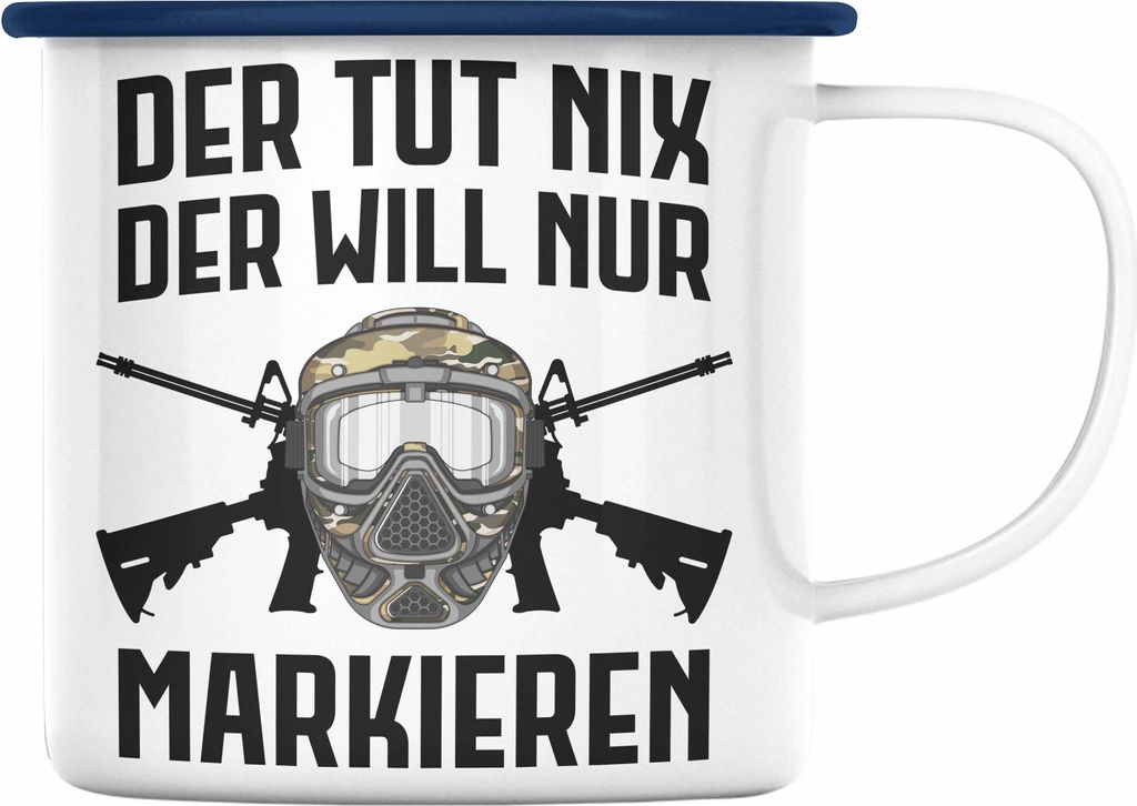 Trendation - Paintball Emaille Tasse Geschenk Männer Der Tut Nix Paintballspieler Geschenkidee Lustig (Blau)