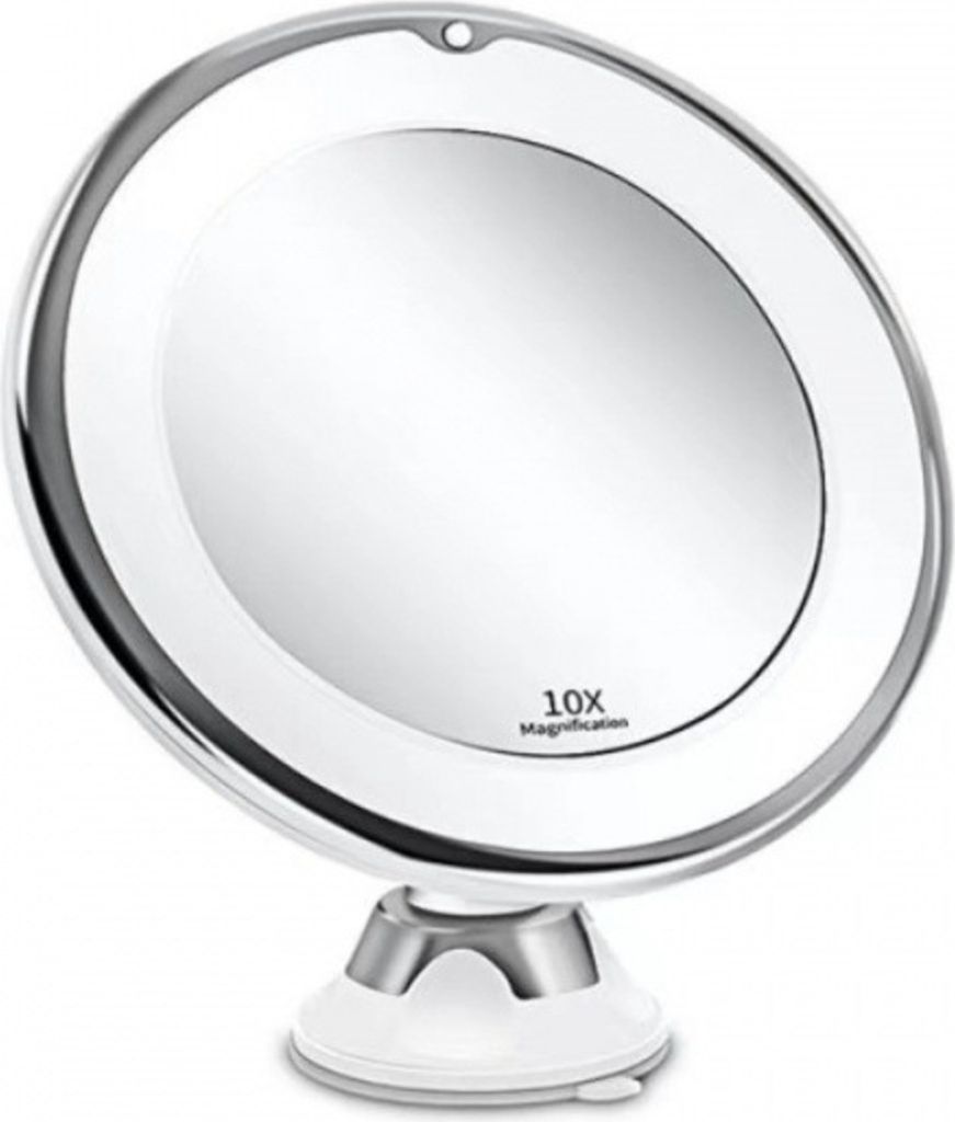 A close-up, studio shot of a white and silver magnifying makeup mirror with a suction cup base.