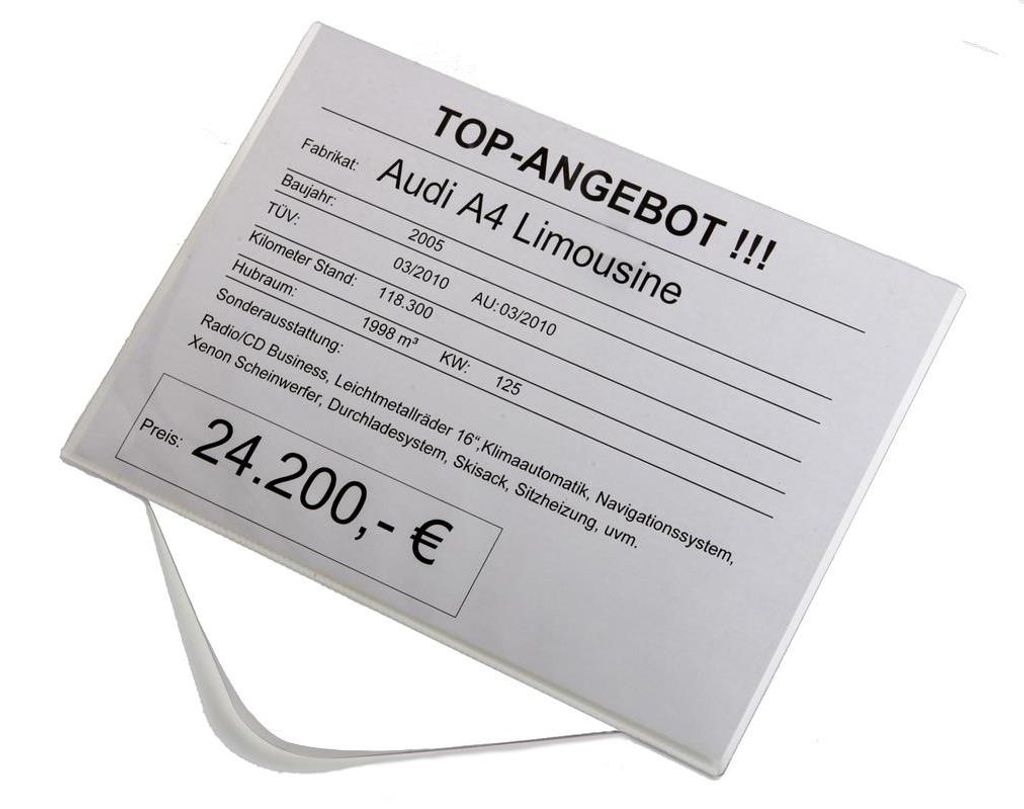 Verkaufsschilder, zum Klemmen hinter Seiten- oder Frontscheibe, transparent, Format DIN A3 quer, Verpackungseinheit: 5 STK