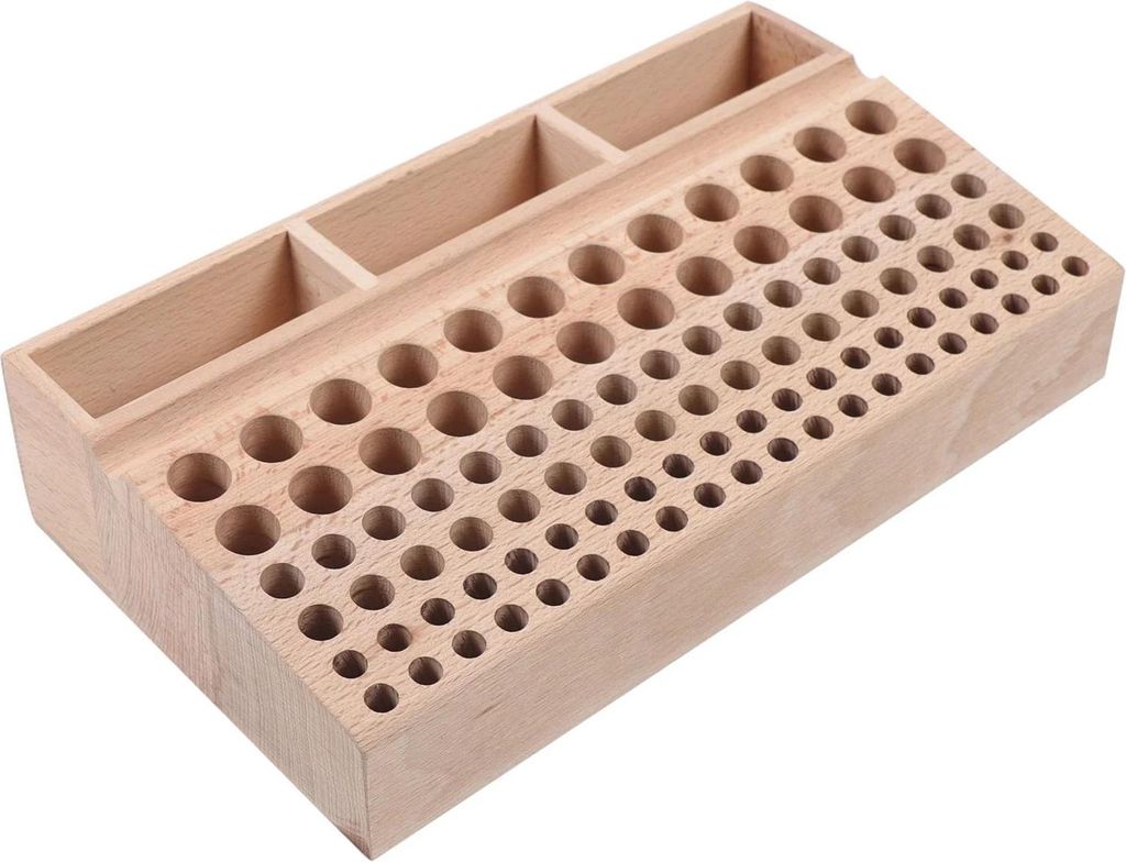 Werkzeughalter für Lederhandwerk - Holzständer - 98 Löcher - 3 Schlitze 8,3×3 cm - 27×15×5,4 cm - Dunkelgrau