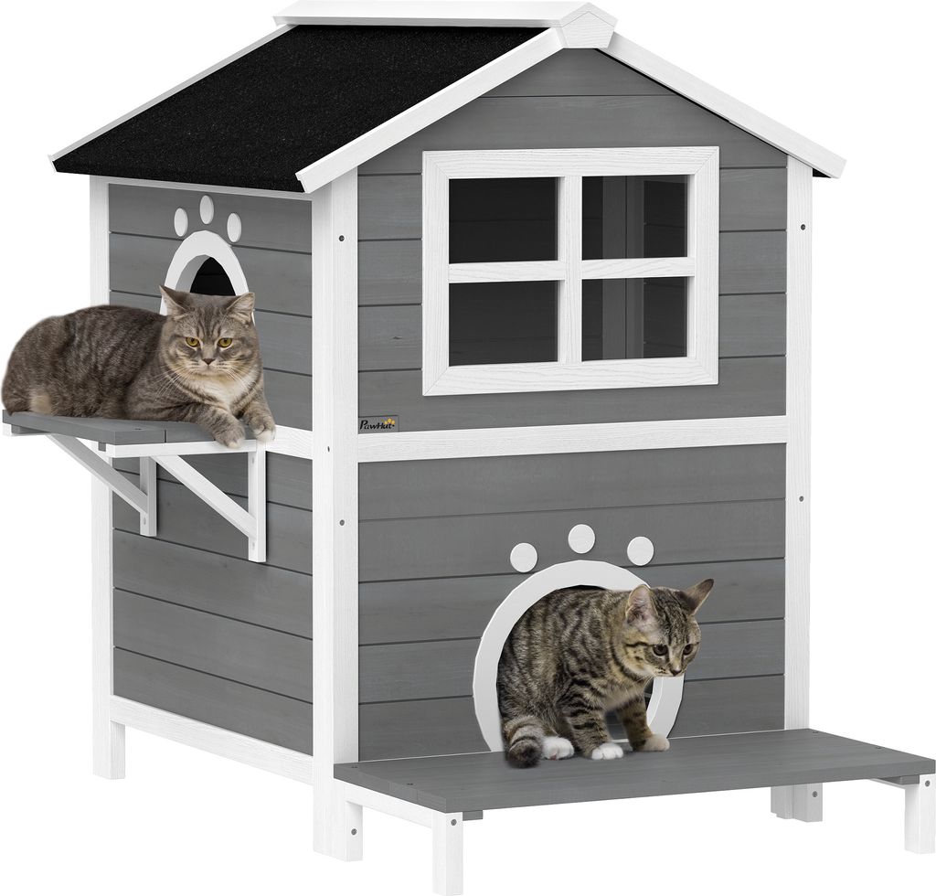 PawHut Katzenhaus aus Holz Katzenhöhle mit Fenster, Balkon, Wetterfest Katzenhütte mit 2 Ebenen, herausnehmbarem Boden, für 1-2 Katzen, Indoor, ...