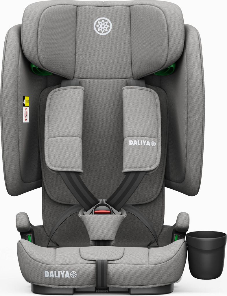 A front view of a gray child car seat.