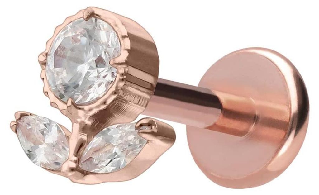 Ohrpiercing, Nasenpiercing Titan Labret mit Push Fit KRISTALLBLUME RoséGold Stablänge: 7mm | Stabstärke: 1mm