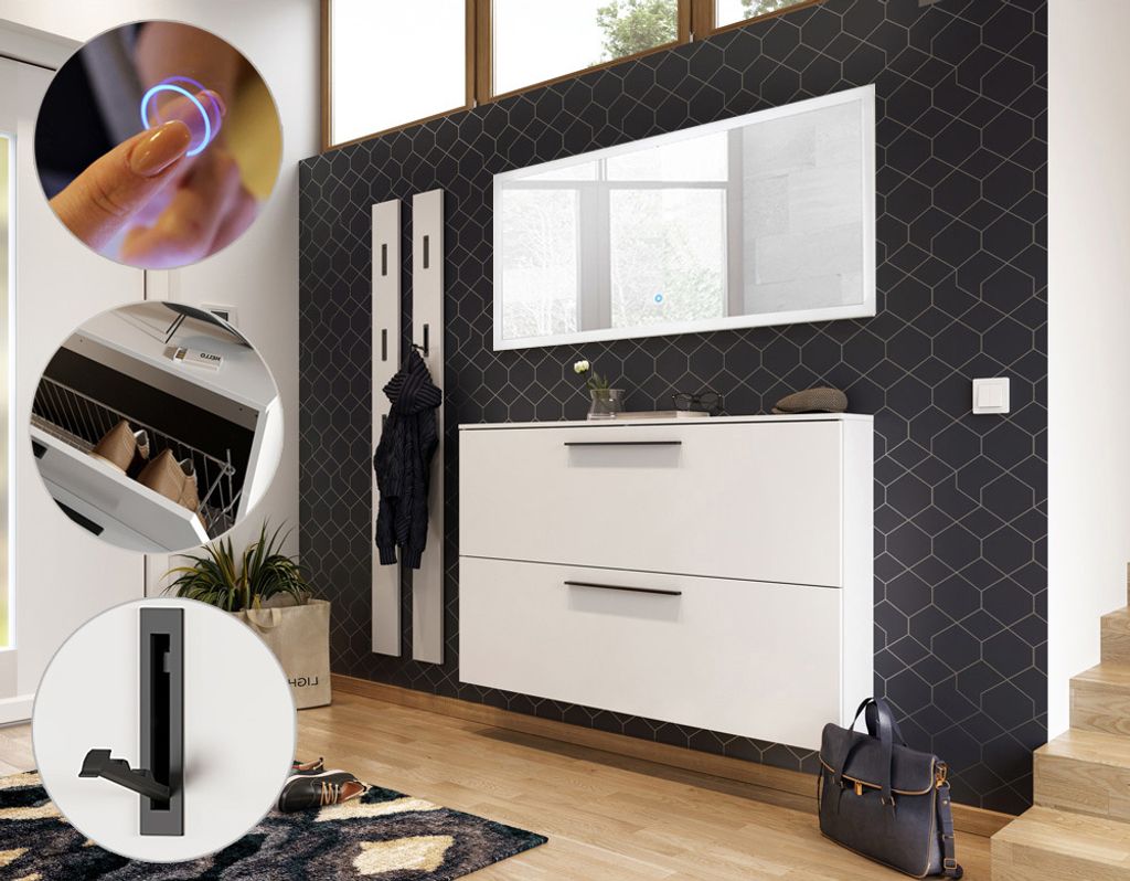Garderobenmöbel Set mit 140cm LED-Spiegel, Schuhschrank, 2 Paneele UTRERA-01 B/H/T ca. 200/200/19 cm