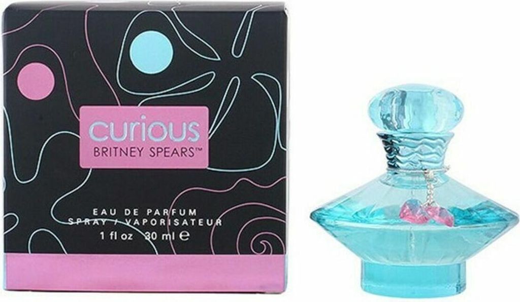 A box of Britney Spears Curious perfume is shown next to the perfume bottle.