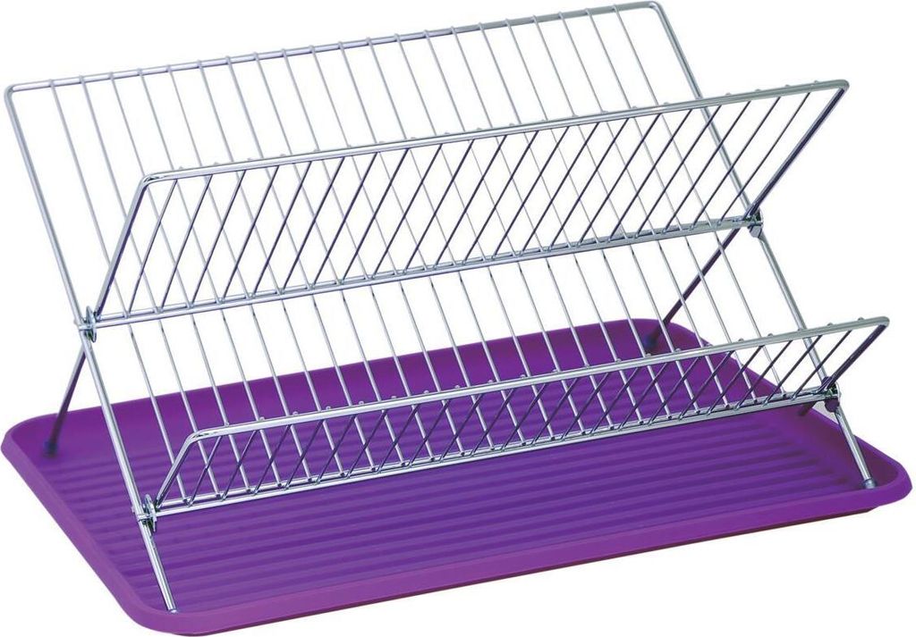 A chrome-plated metal dish rack with a purple plastic drip tray.