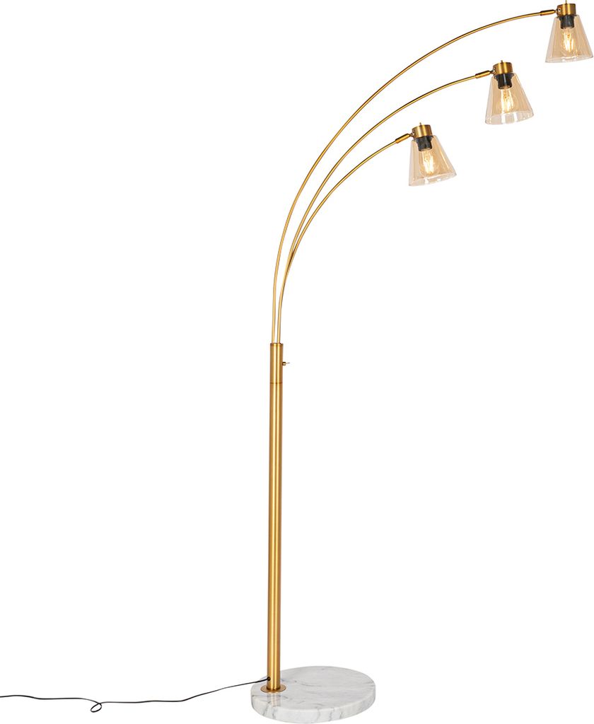 QAZQA - Art Deco Bogenlampe Bronze mit Marmor und Braunglas 3 Lichter - Nina I Wohnzimmer I Schlafzimmer - Länglich - LED geeignet E27
