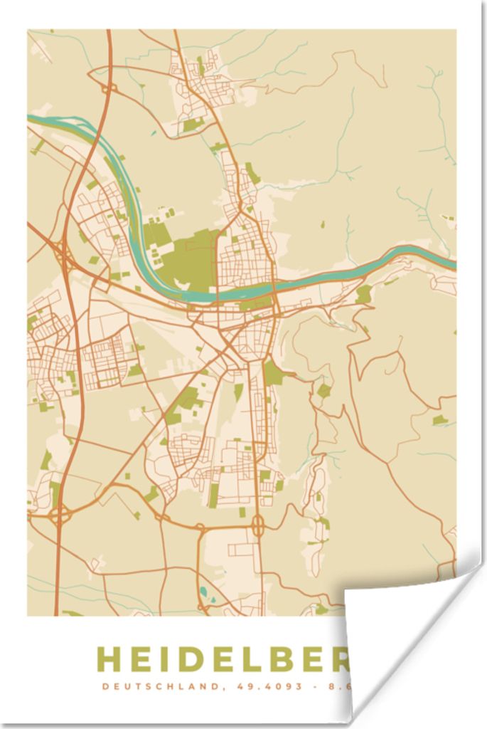 MuchoWow Poster Heidelberg - Karte - Vintage - Stadtplan 80x120 cm - Papierdruck