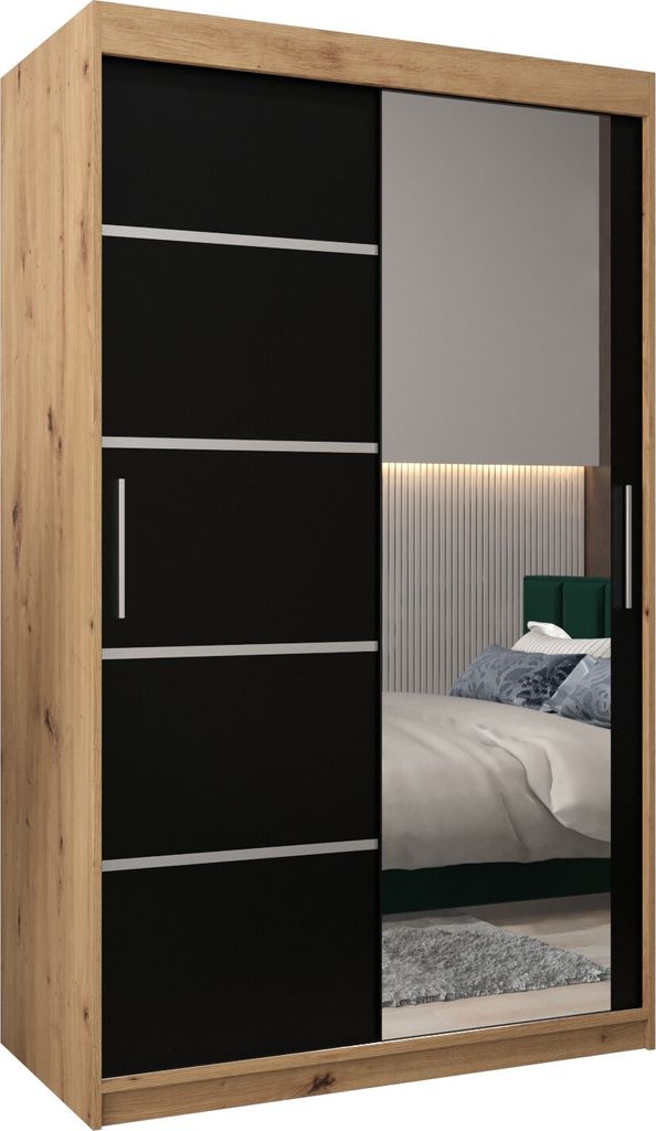 Kleiderschrank, Schiebetürenschrank Schlafzimmer, Schrank mit Spiegel VERONA 2 120 cm, Artisan Eiche + Schwarz Matt