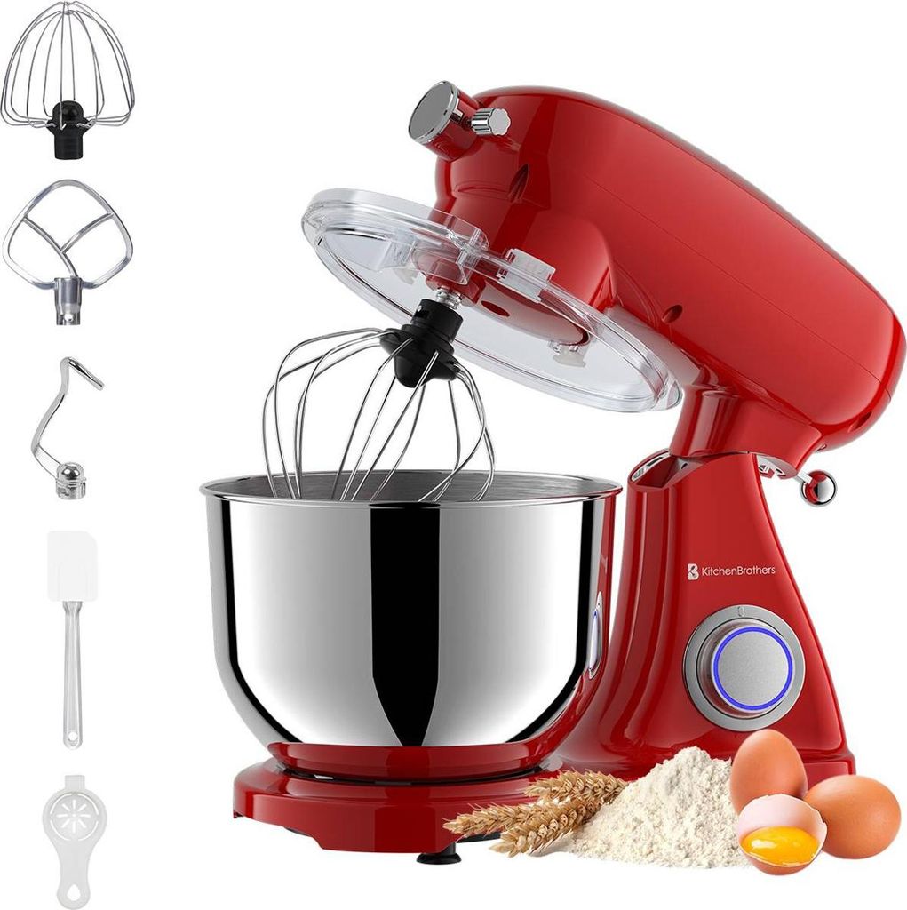 KitchenBrothers Küchenroboter - Küchenmaschine - 6,2L Rührschüssel - 1800W - Küchenmixer - Aluminium - Rot