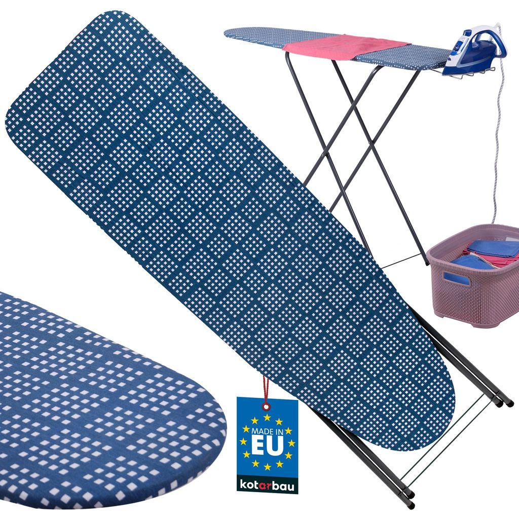 KOTARBAU Bügelbrett Verstellbares 118 x 36 cm Bügelbrett mit Bügeleisenhalterung Schutzhülle Blaue Quadratmuster