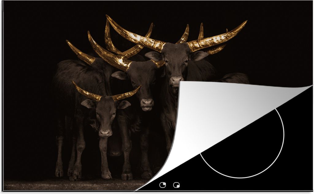 KitchenYeah Herdabdeckplatte Kühe - Hörner - Gold , 81x52cm, Küche Deko, Ceranfeld Herdabdeckung, Abdeckplatte fùr Kochfeld