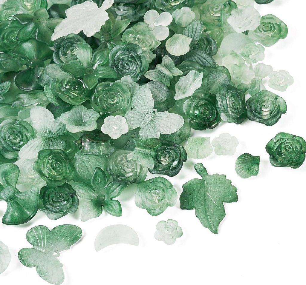 100g Grüne Matte Acrylperlen - Blume Bogen Schmetterling Blatt - Handwerksperlen Bulk für Schmuckherstellung