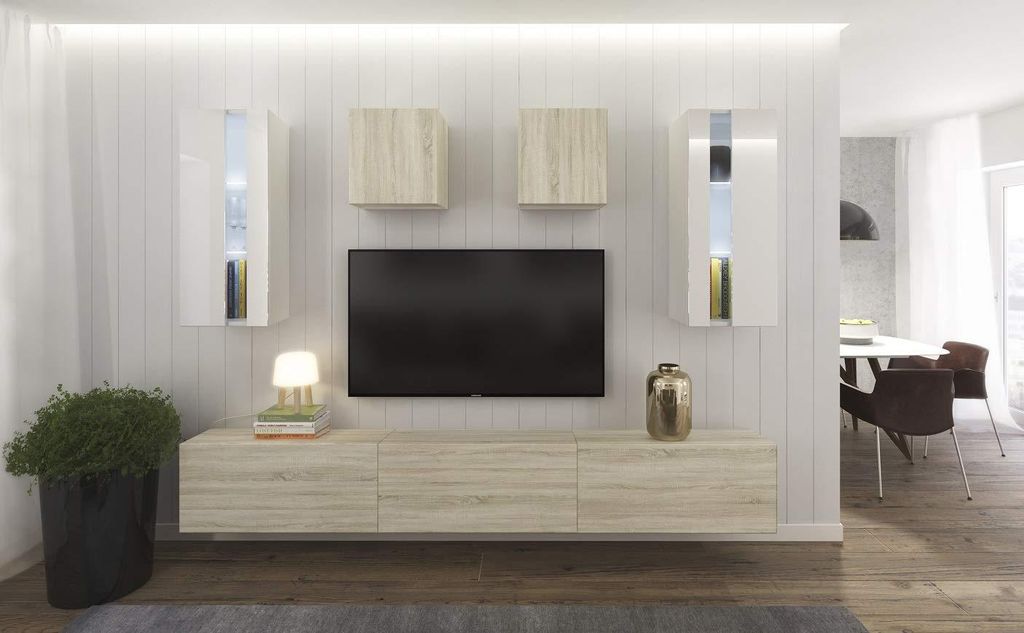 Furnitech Wohnwand Wohnzimmer - Wohnzimmer Möbel mit LED Weiß - Hängend Wohnwand Modern - Regale und TV Schrank (AN291-17WS-HGM43 1A Klein)