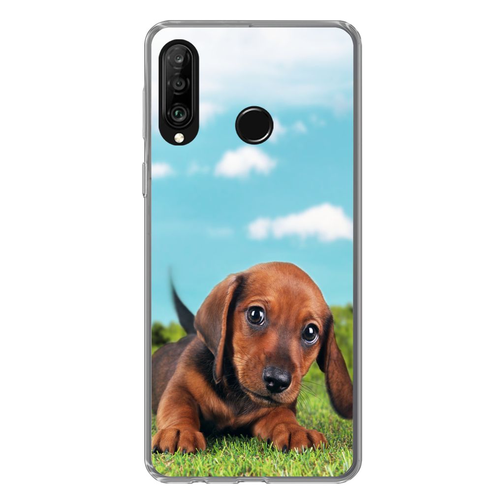 MuchoWow Handyhülle Schutzhülle Hülle für Huawei P30 Lite Schöner Himmel über einem niedlichen Dackelwelpen Silikon Softcase Handy Hülle -...
