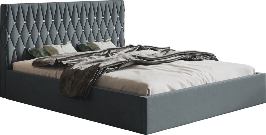 Doppelbett 160x200 cm Crystal - Schlafzimmer Polsterbett mit Lattenrost, Bettkasten - Kopfteil mit Knöpfen, Samt Dunkelgrau