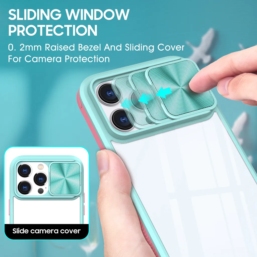 Custodia per iPhone 15 Pro Max Custodia ibrida trasparente in TPU con copertura scorrevole della fotocamera Azzurro - 3