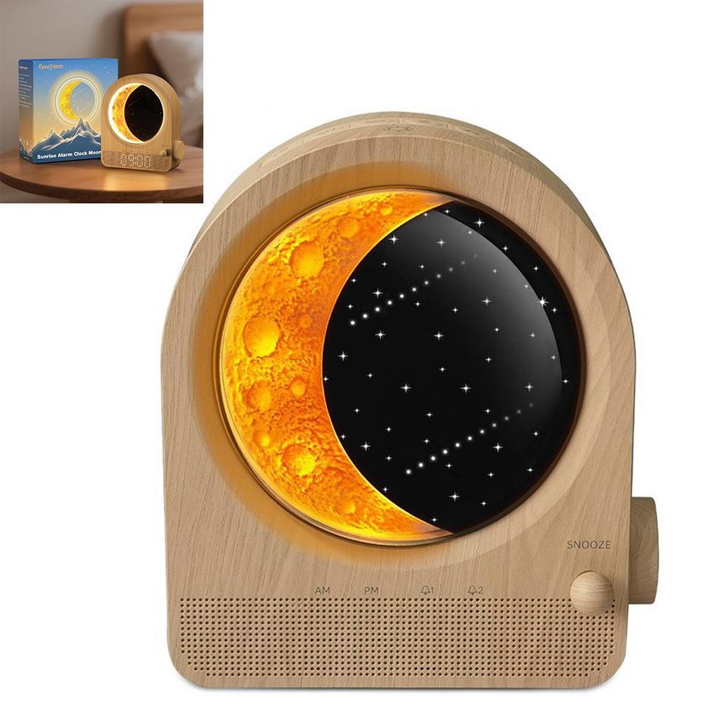 Sonnenaufgang Licht Wecker, Schlafzimmer Wecker mit weißem Rauschen und Mondlicht, 10 Töne & Countdown Funktion & einstellbare Helligkeit