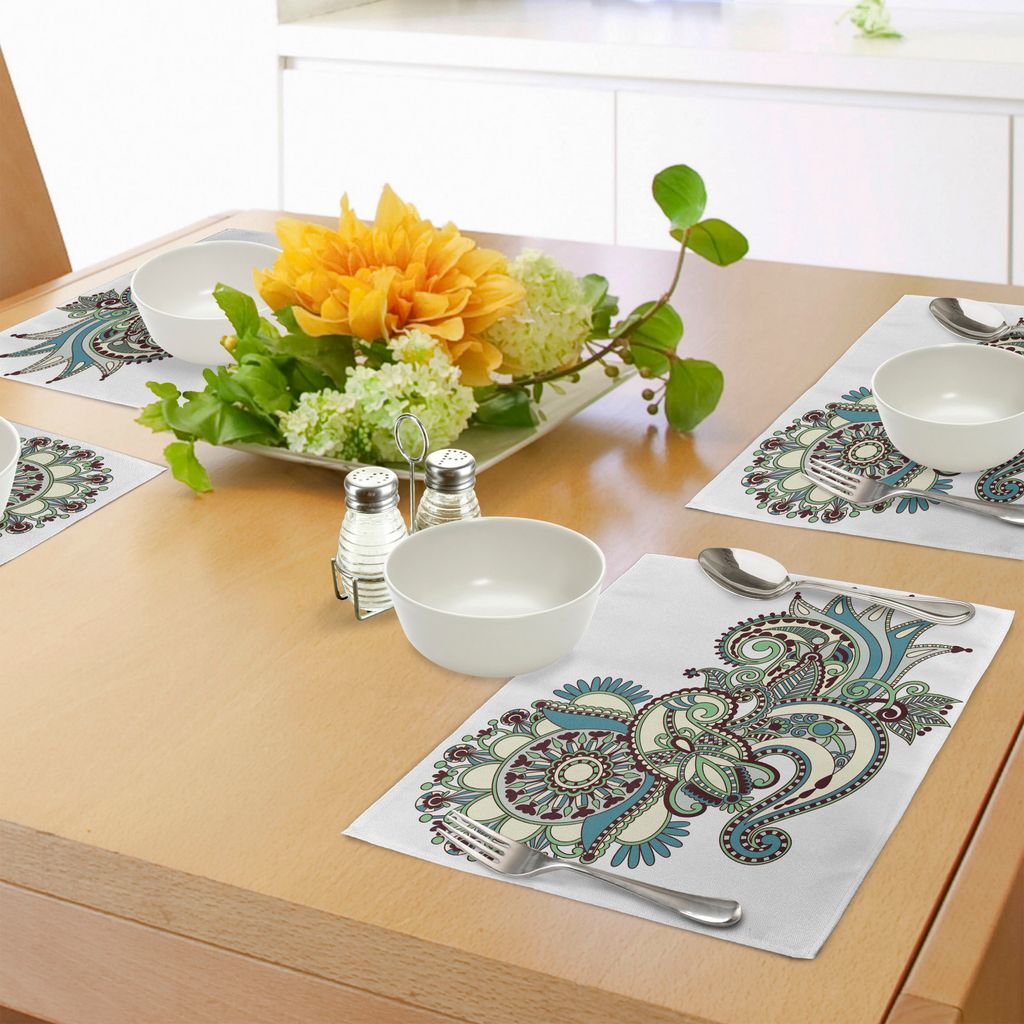 ABAKUHAUS Henna Platzmatten, Handgezeichnete traditionelle Blumenarrangement Ornate Design lebendige Farben, Tiscjdeco aus Farbfesten Stoff für da...