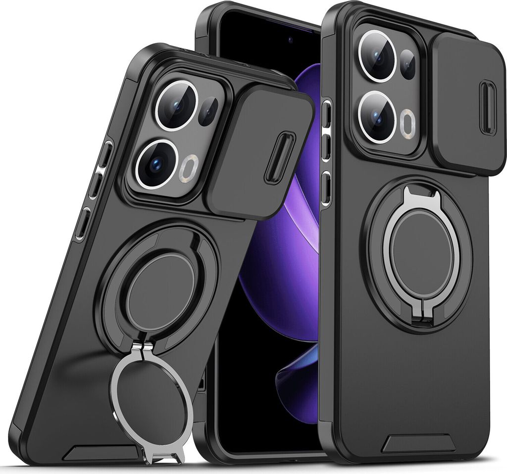 Handyhülle für Oppo Reno13 Pro Dual-Layer Stoßfest Militär Hülle mit Dia Kameraschutz und Magnetisch Ring Ständer Schwarz