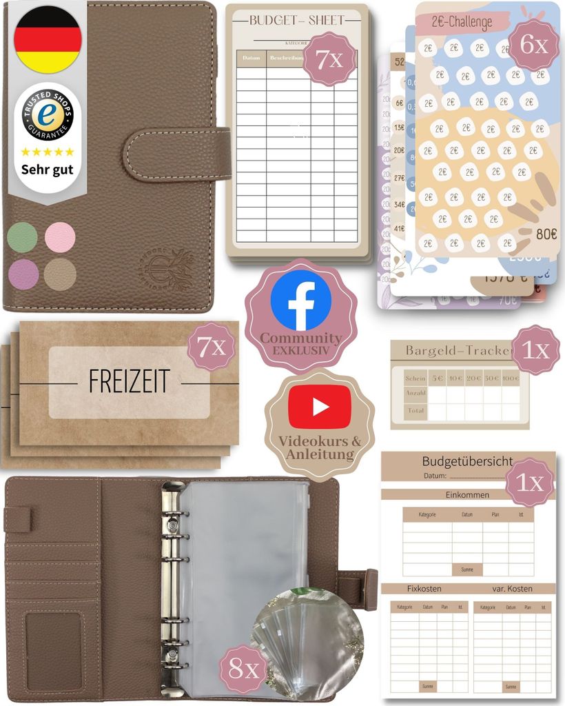 BeginnerBudget Budget Planner Deutsch A6 Litchi-Style (Braun) - Starterset Sparchallenge Budgetplaner, Sparen mit Umschlagmethode Ringbuch + Anle...