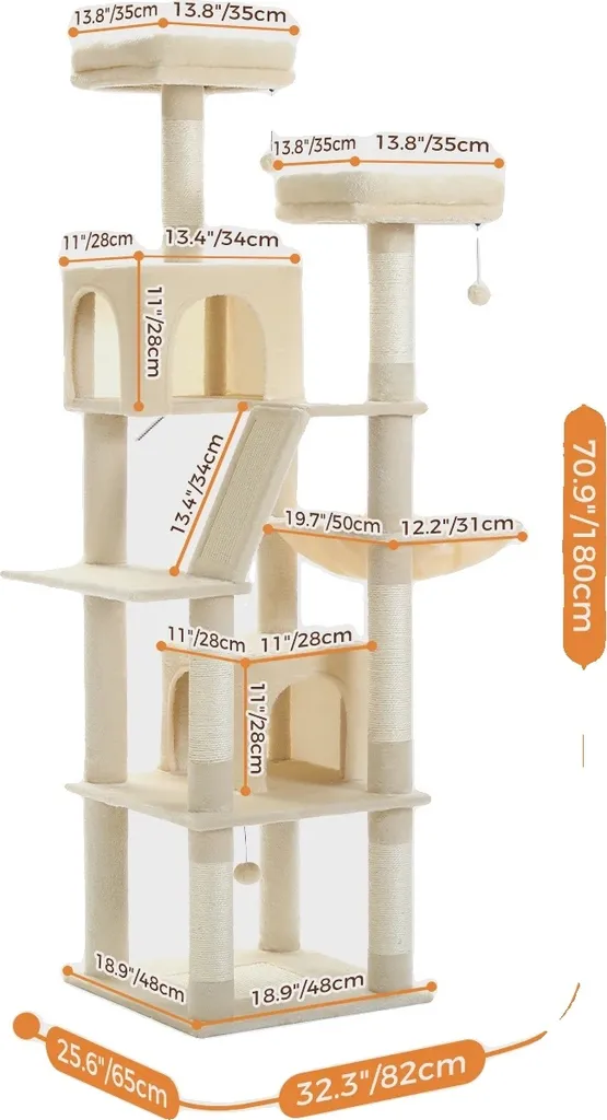 Arbre à chats 180 cm avec 6 poteaux à griffer et niche confortable
