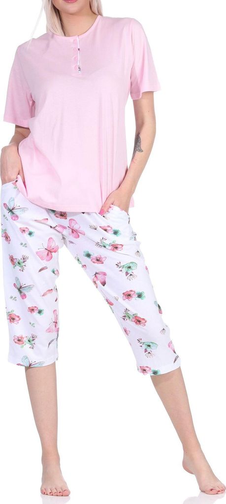 Normann Damen Schlafanzug kurzarm mit Capri-Pyjamahose in floralem Schmetterlings Print ; rosa1 , 48