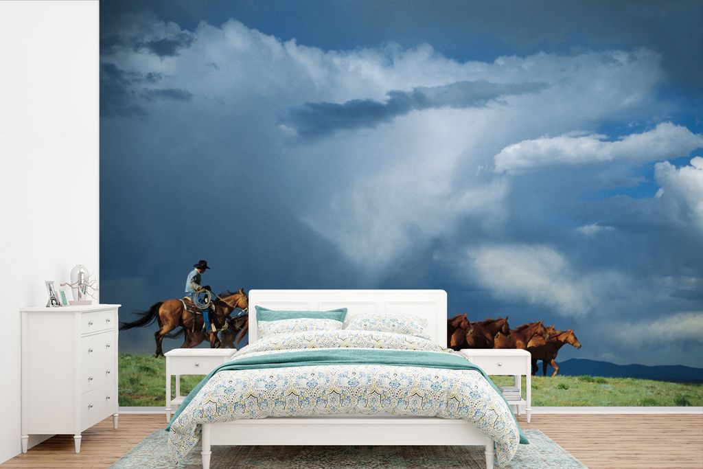 MuchoWow Fototapete für Wohnzimmer oder Schlafzimmer Wandtapete Vinyl Motivtapete Pferde - Cowboy - Luft - 525x350 cm - Das Hintergrundbild