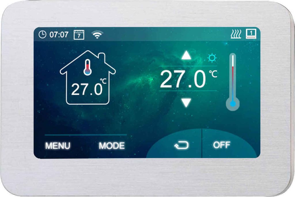 A digital thermostat displaying the current temperature and settings.