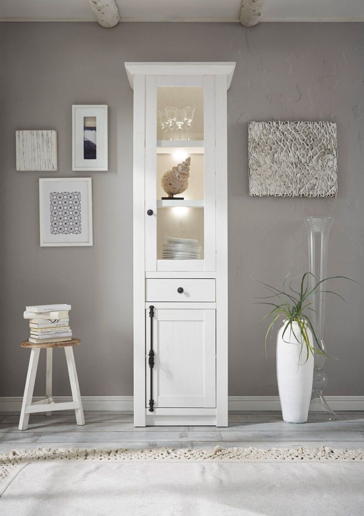 Vitrine 63x207 cm 2-türig + 1x Schubkasten weiß Pinie WALES + BELEUCHTUNG