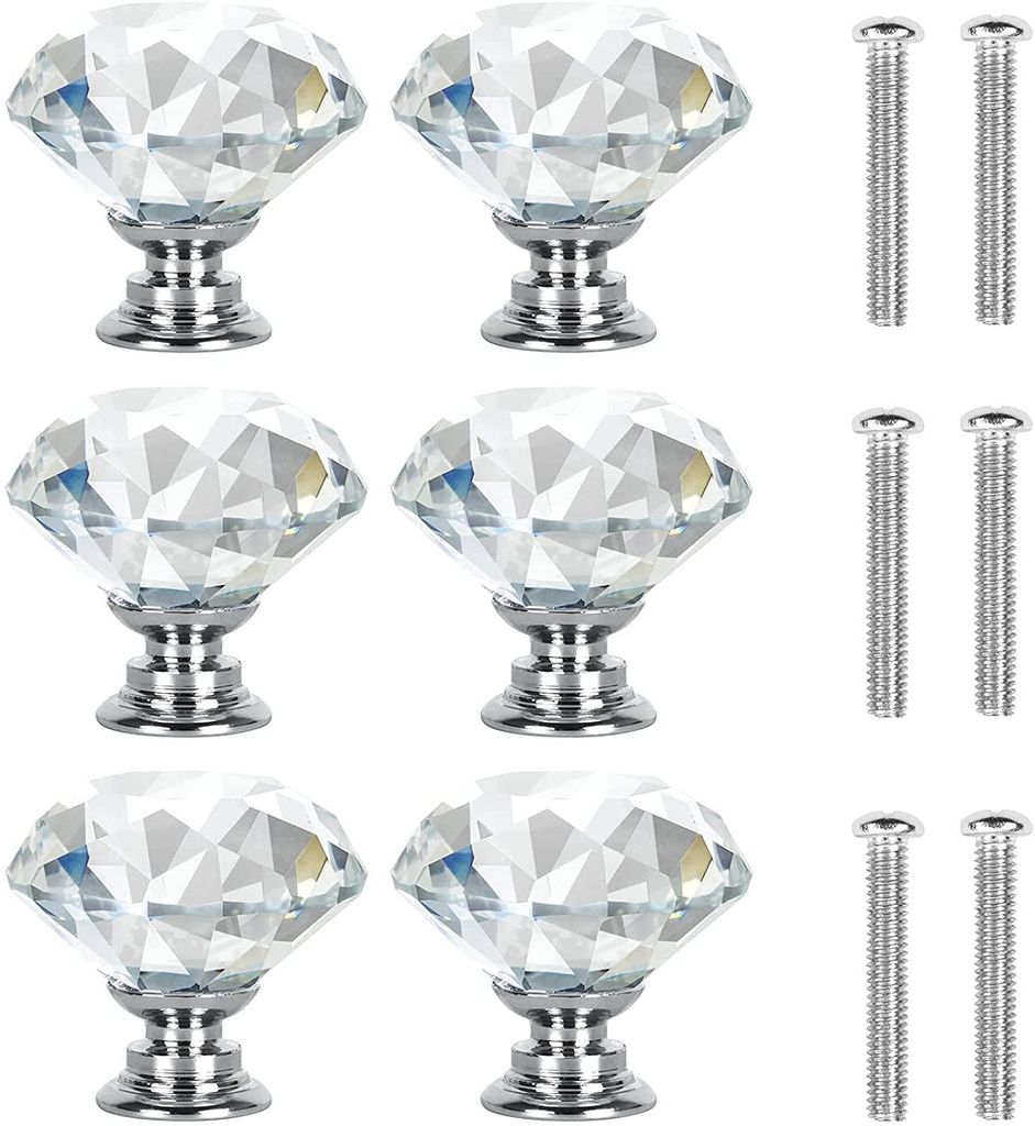 Kristalltürknauf, Möbelknöpfe, rautenförmiger Sockel, silberfarben, Schubladengriff mit Schrauben, Schranktürknöpfe – 30 mm, 6 Stück