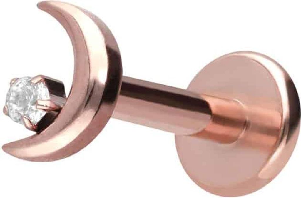 Ohrpiercing, Nasenpiercing Titan Labret mit Innengewinde MOND + KRISTALL RoséGold Stablänge: 6mm | Stabstärke: 1,6mm