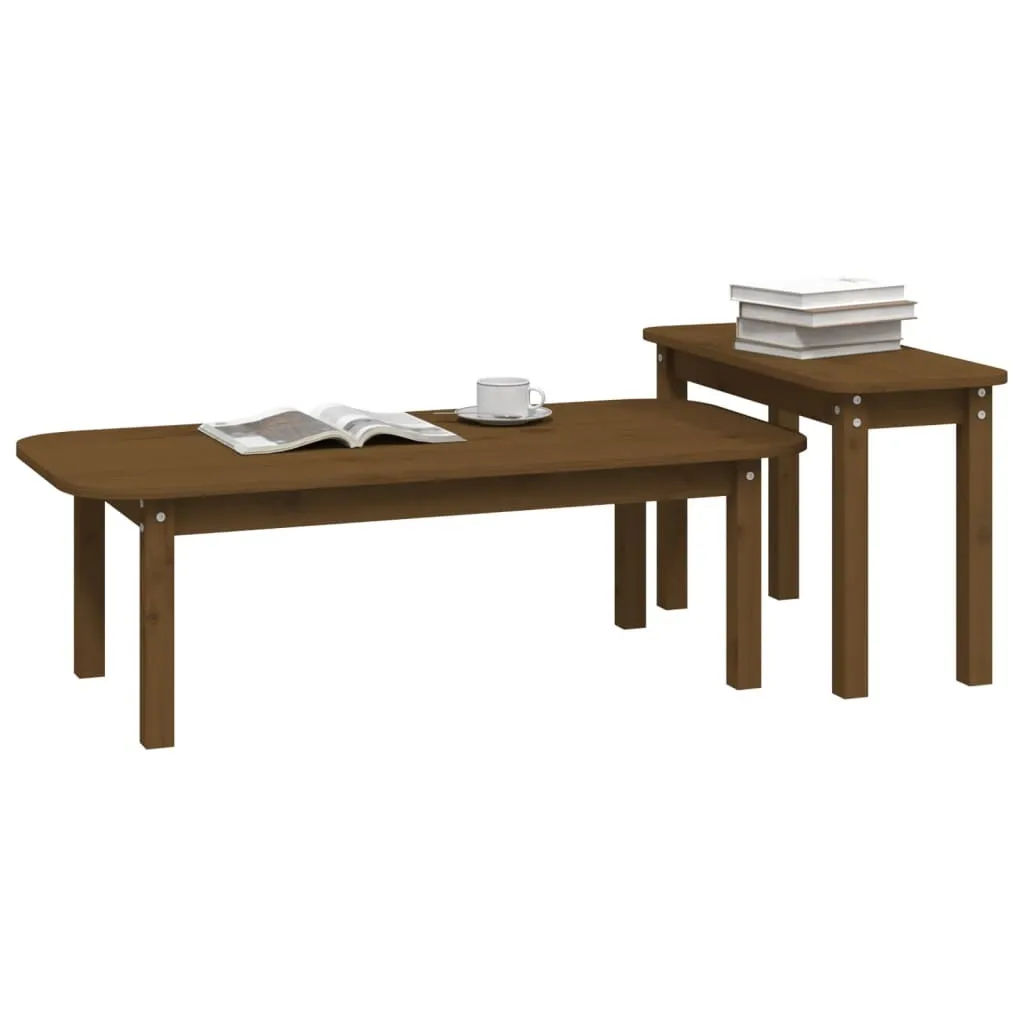 The Living Store Set di 2 tavolini in legno di pino massiccio marrone miele - 4