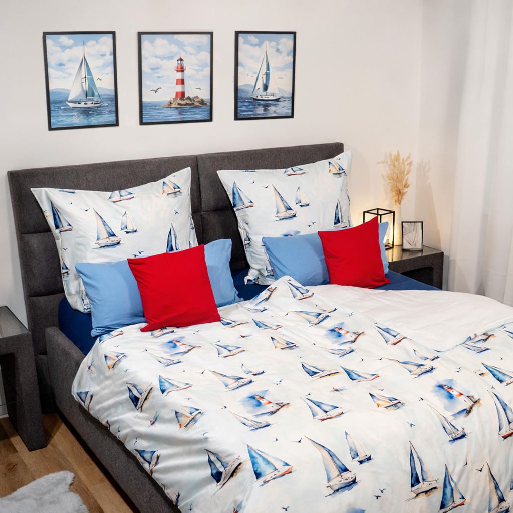 Janine Modern Art Mako Satin Bettwäsche - Segelboote 155 x 220 cm Segelboote, maritim, blau